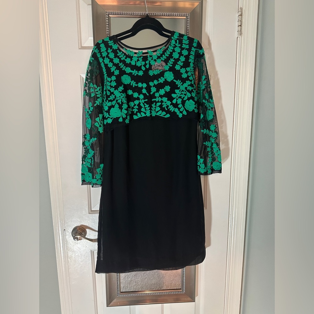 Striking Green and Black Embroidered Almatrichi Spain Dress, Sz 40EU / Size 8US
